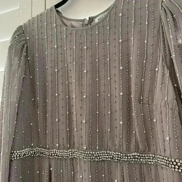 Mac Duggal Midi Dress Size 16 XL Vintage Lilac Mocha Stripe Long Sleeve Sparkle - Picture 7 of 11